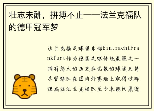 壮志未酬，拼搏不止——法兰克福队的德甲冠军梦