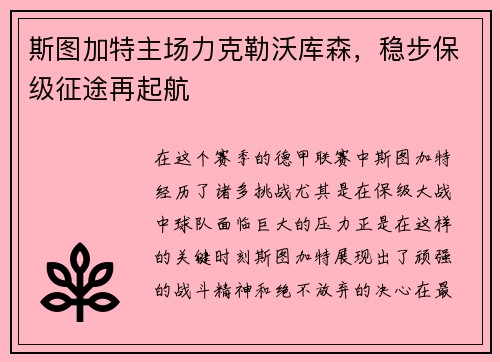 斯图加特主场力克勒沃库森，稳步保级征途再起航